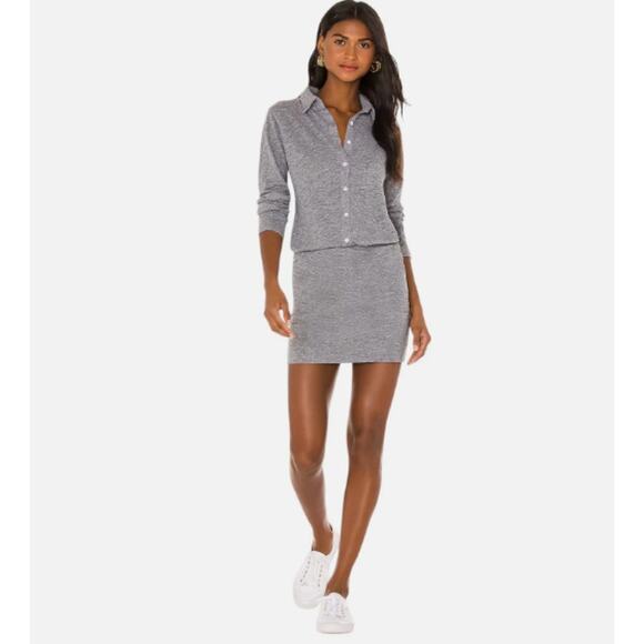 Monrow Side Ruched Shirt Dress Size XS Button Front Long Sleeve Collar Grey NWT - Picture 1 of 8